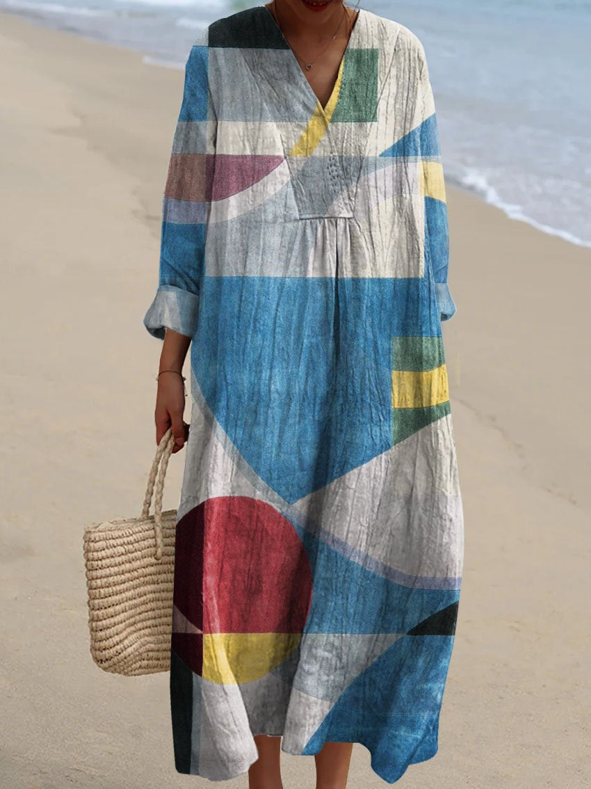 Resort Style Printed Long Sleeve For Women Loose Fitting V Neck Maxi Dress