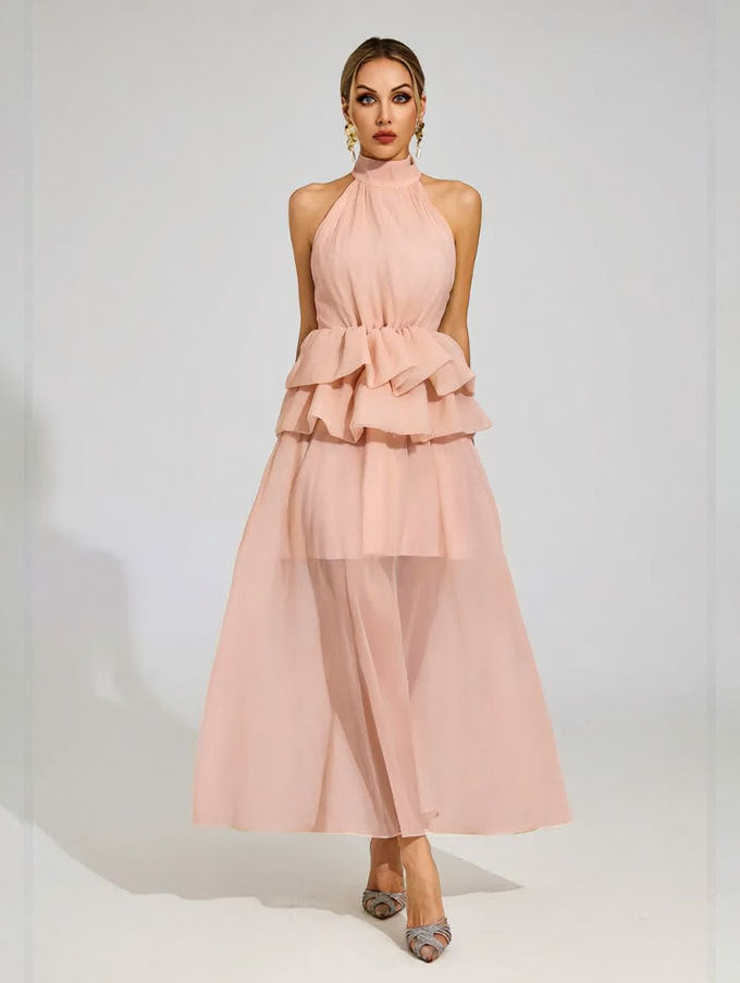 Flowy Ruffled Wedding Dress With A Halter Neckline