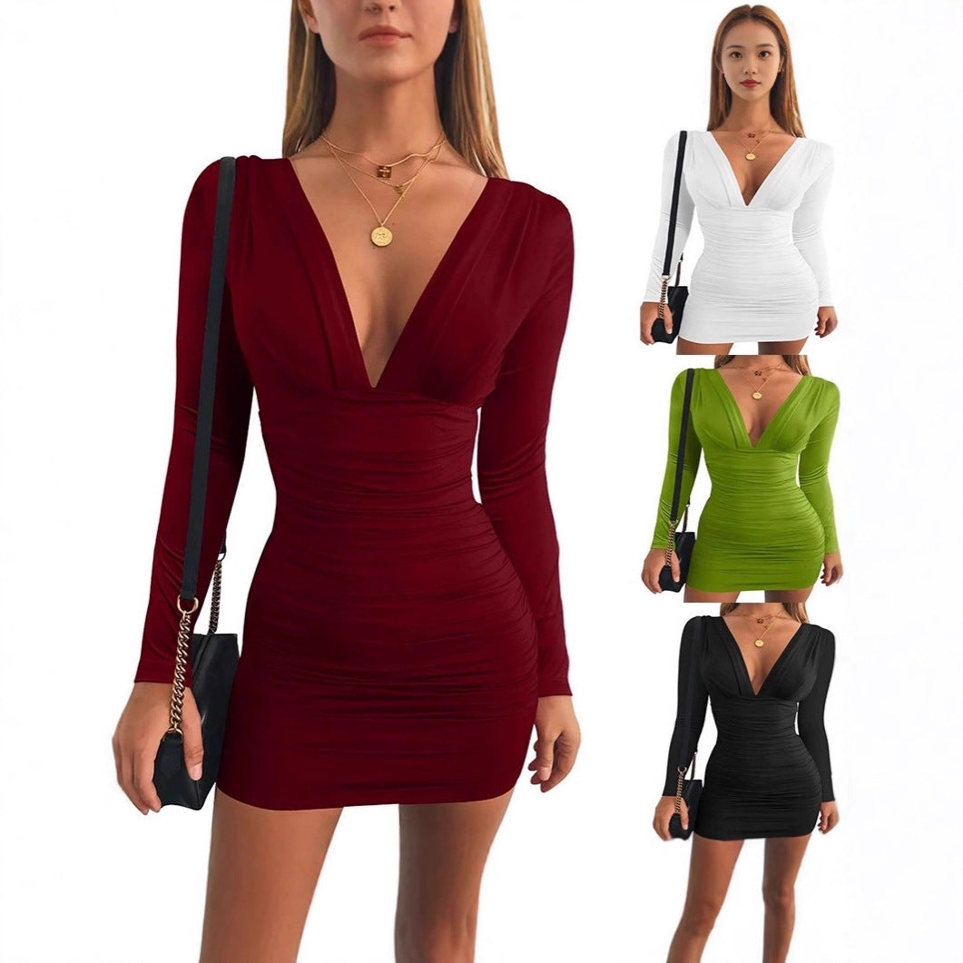 Nuovo abito tubino con scollo a V, maniche lunghe e vita alta per donna