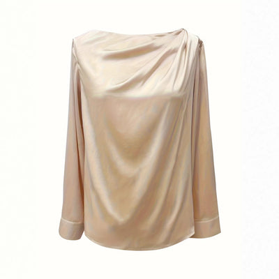 Womens Korean-style Versatile Slant-Neck Long-Sleeve Satin Shirt