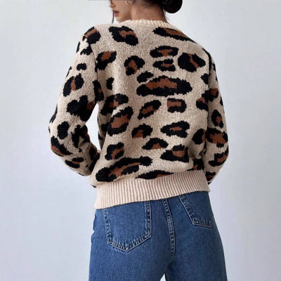 Round Neck Retro Commute Leisure Contrast Color Leopard Print Pullover Sweater