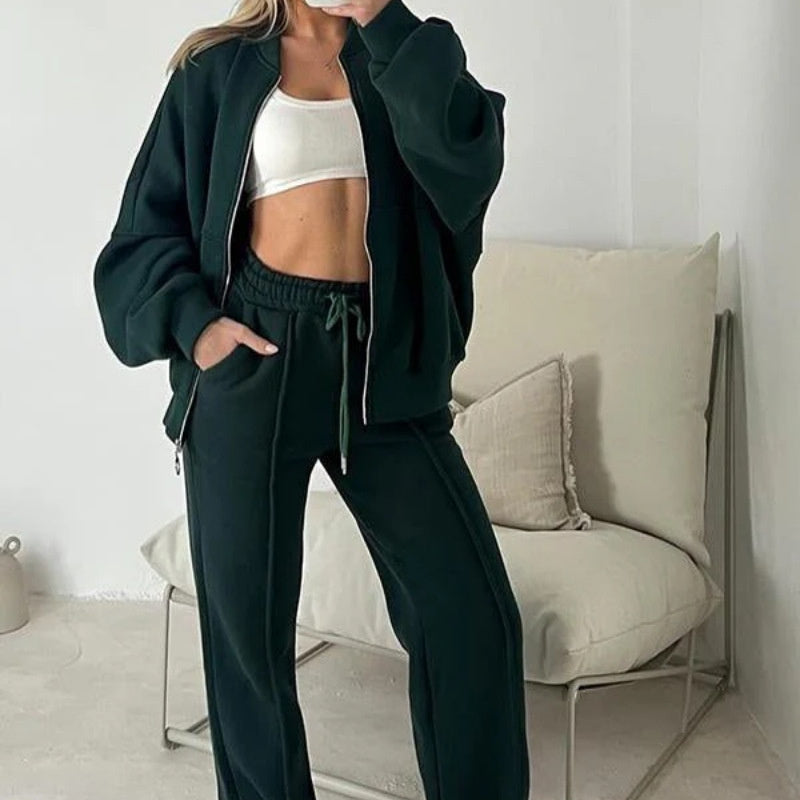 Fashion Casual Solid Color Long-sleeved Sweater Zipper Trousers Two-piece Set