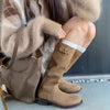 Cowhide Maillard Round Head Buckled Chunky Heel Below The Knee Boots