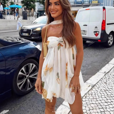 Summer New Halter Neck Deep-Back Asymmetrical Hemline Short Dress For Women