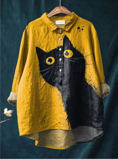Camicia da donna estiva casual a maniche corte con stampa e colletto, taglia europea