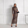 Fashion Leopard Print Stand Collar Long Sleeve Long Dress