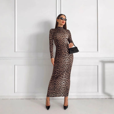 Fashion Leopard Print Stand Collar Long Sleeve Long Dress