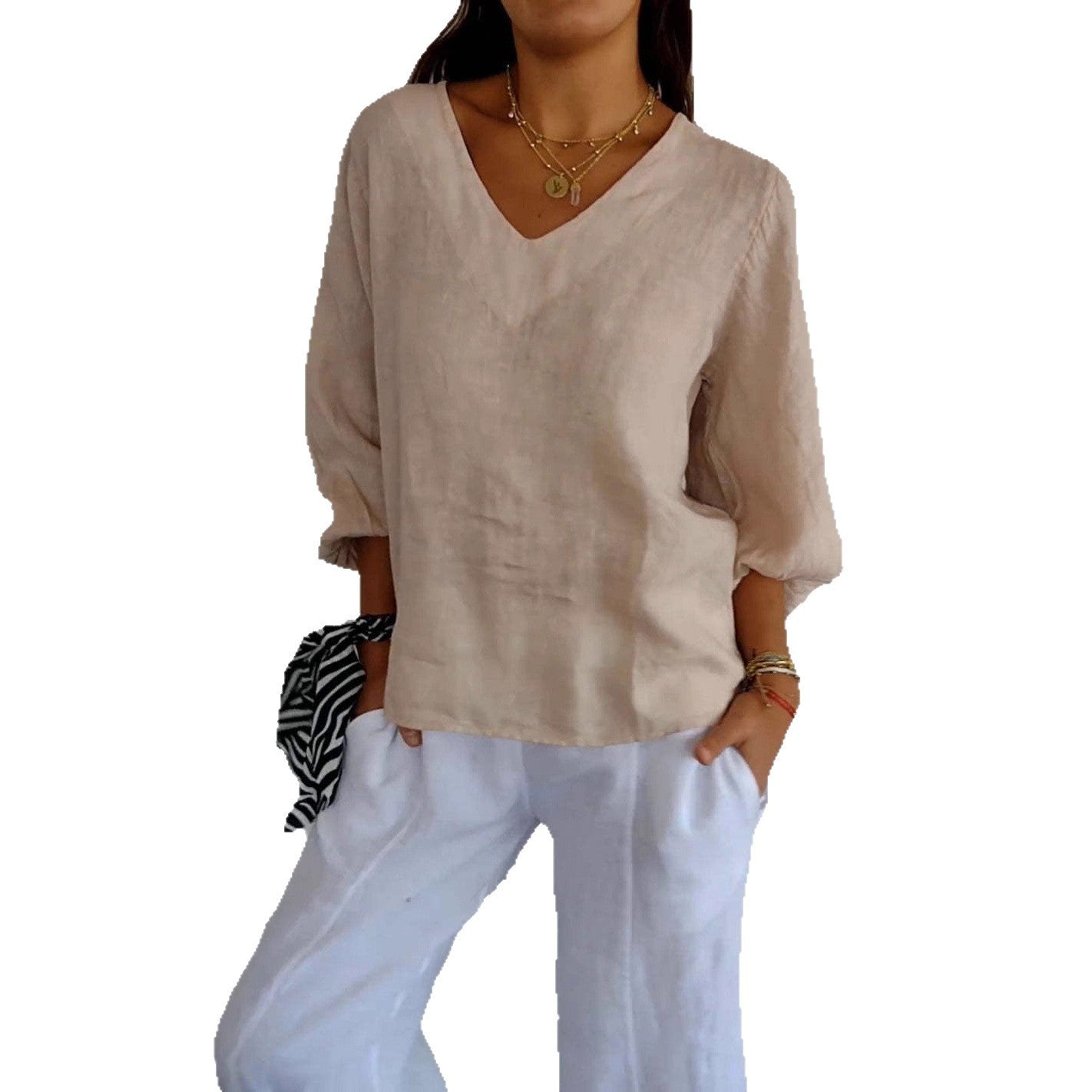 T-shirt da donna a maniche lunghe con scollo a V a tinta unita