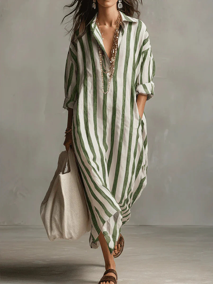 Loose V-neck Long Striped Shirt Dress