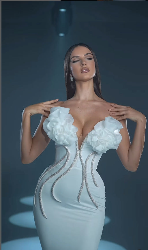 Abito da sera lungo senza spalline con catena di fiori, nuovo stile di moda europea e americana, temperamento da socialite