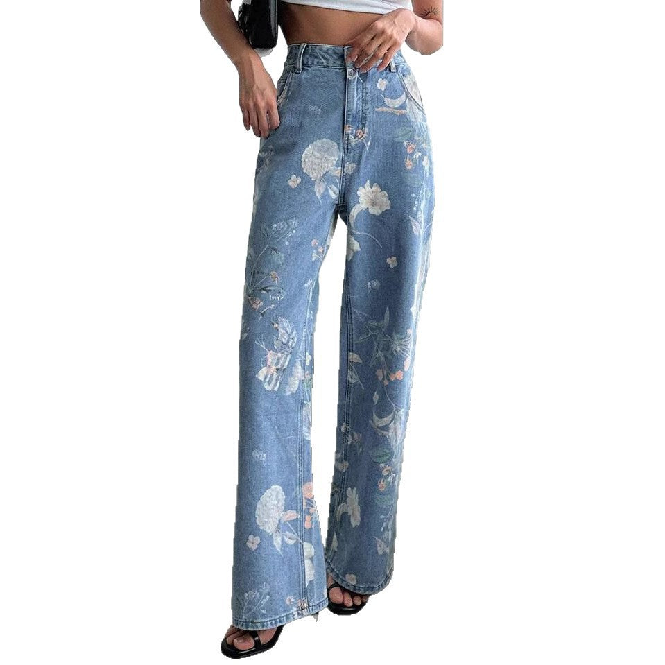 Jeans da donna vintage all'americana con stampa floreale blu