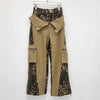 Retro High Waist Tooling Pants Fake Two Stitching Leopard Print Jeans