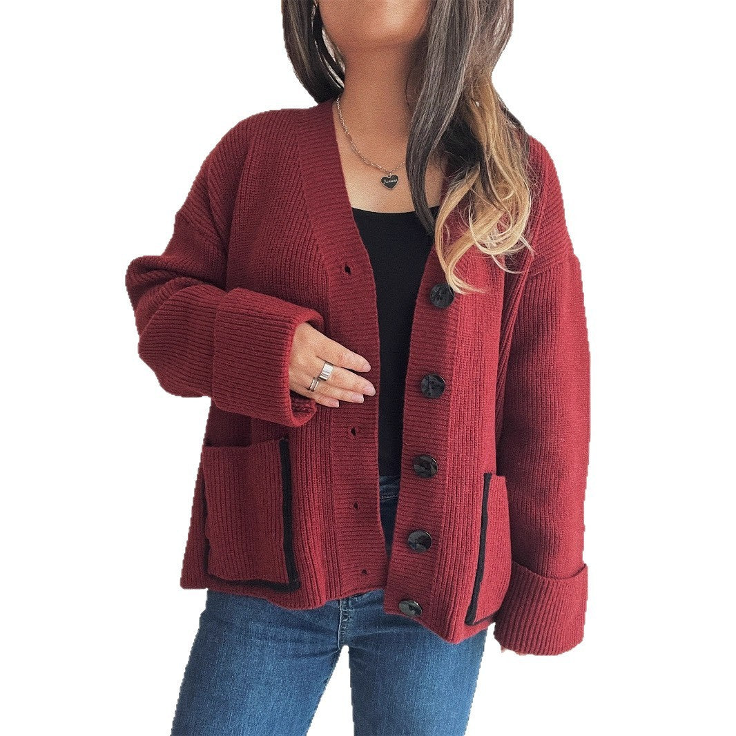 Casual Loose V-neck Solid Color Pocket Street Style Cardigan Sweater
