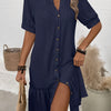 Womens Solid-Color Single-Breasted New Puff-Sleeve Dress