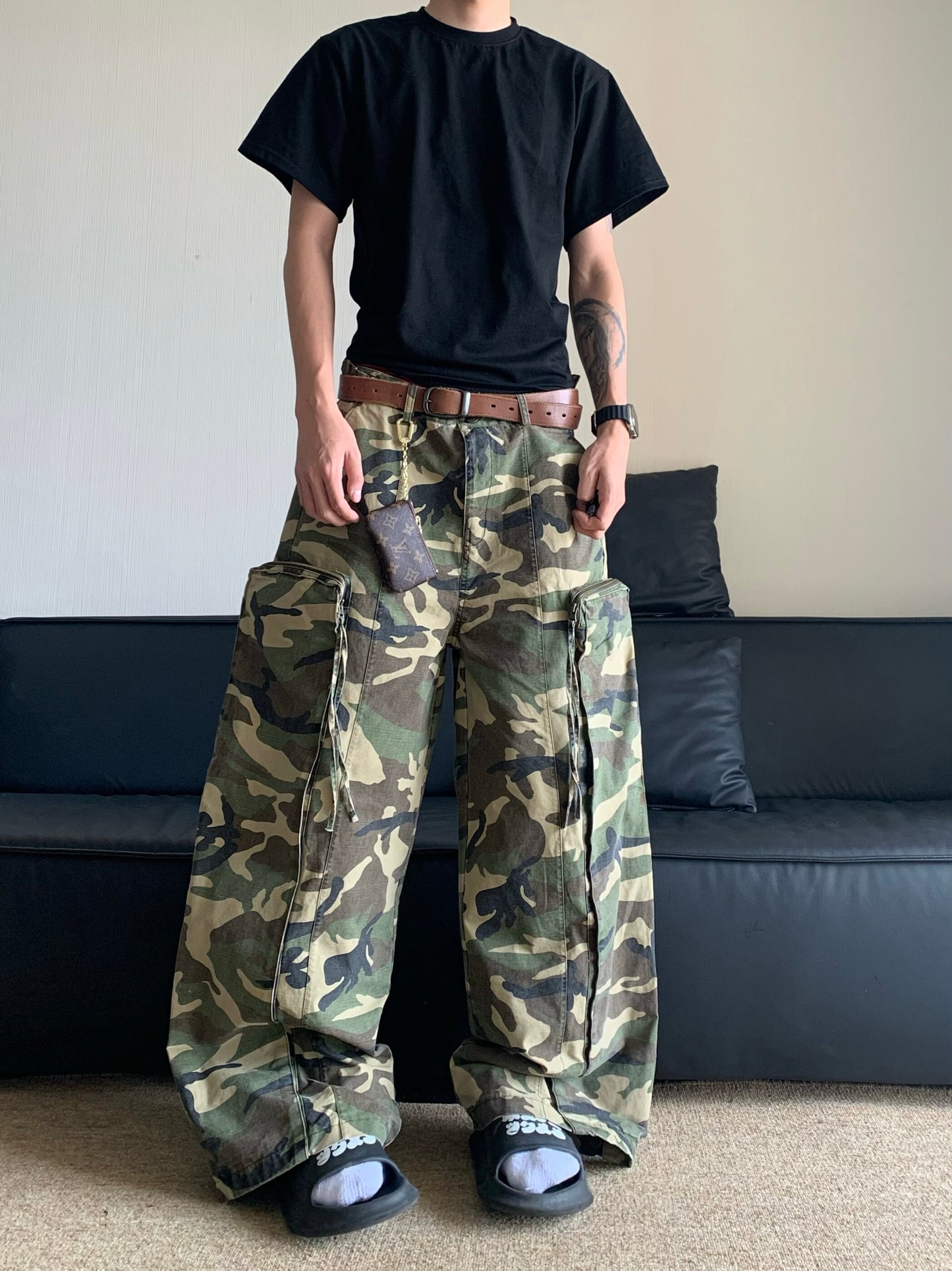 Retro Camouflage Wash Pocket Wide Leg Pants