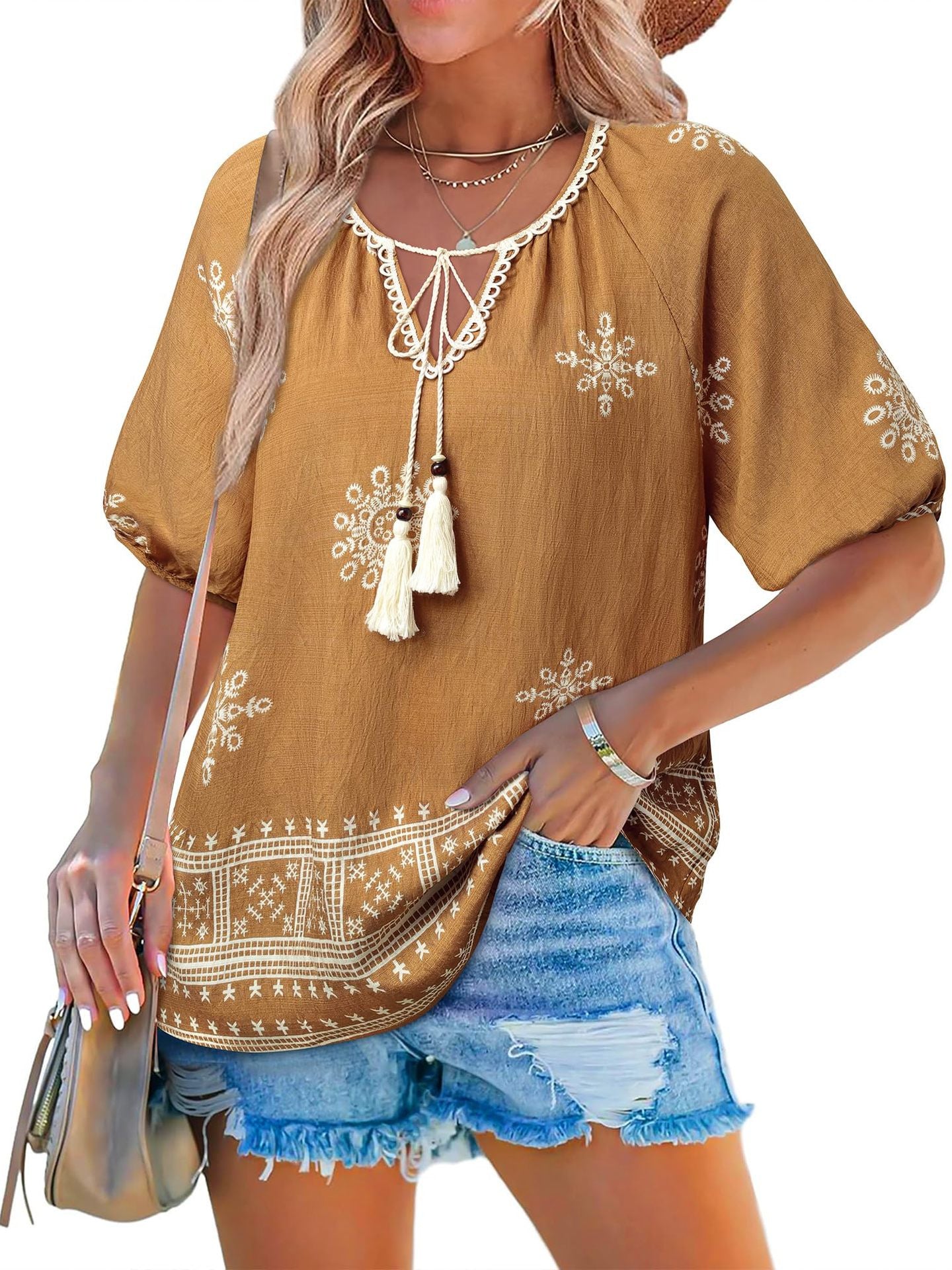 Bohemian Casual V-neck Short-sleeve Printed Blouse