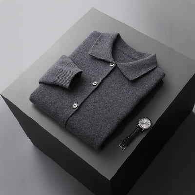 Polo Collar Solid Color Wool Cardigan Vintage Pocket Thick Men's Coat Cashmere Sweater