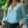 Loose Solid Color V-neck Nine Quarter Sleeved Cotton And Linen T-shirt