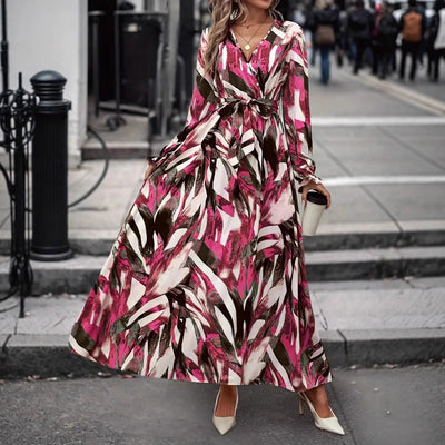 V-neck Printed Waist-controlled Lace-up Bohemian Dress