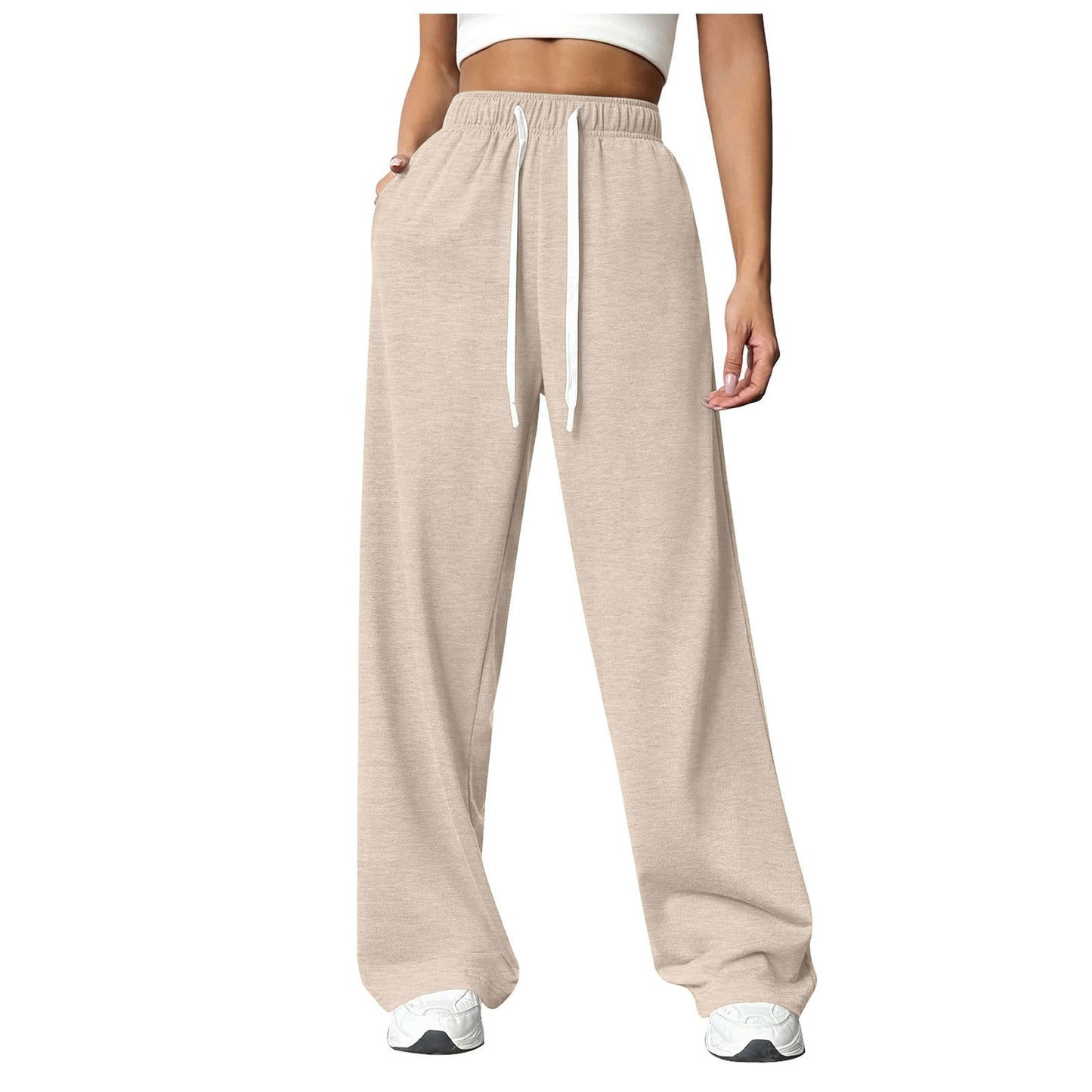Women's Solid Color Straight-leg Fleece Wide-leg Sweatpants With Side Pockets