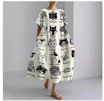 Casual Round-Neck Fashionable Short-Sleeve Printed Dress For Cats