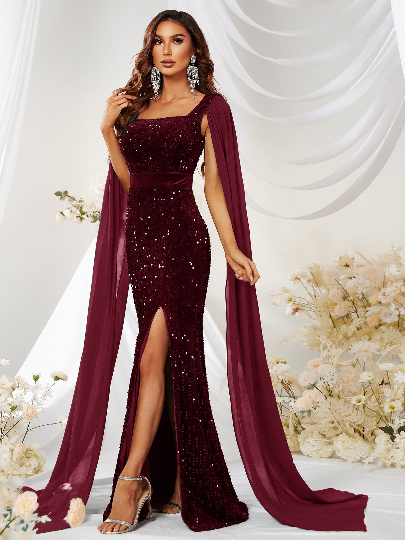Vestito Gonna Paillettes Rete Spacco Abito a Sirena