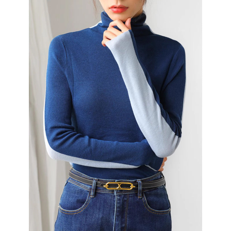 Two-tone High Neck Inner Wear Front And Back Color Matching Sweater Bottoming Shirt Blue