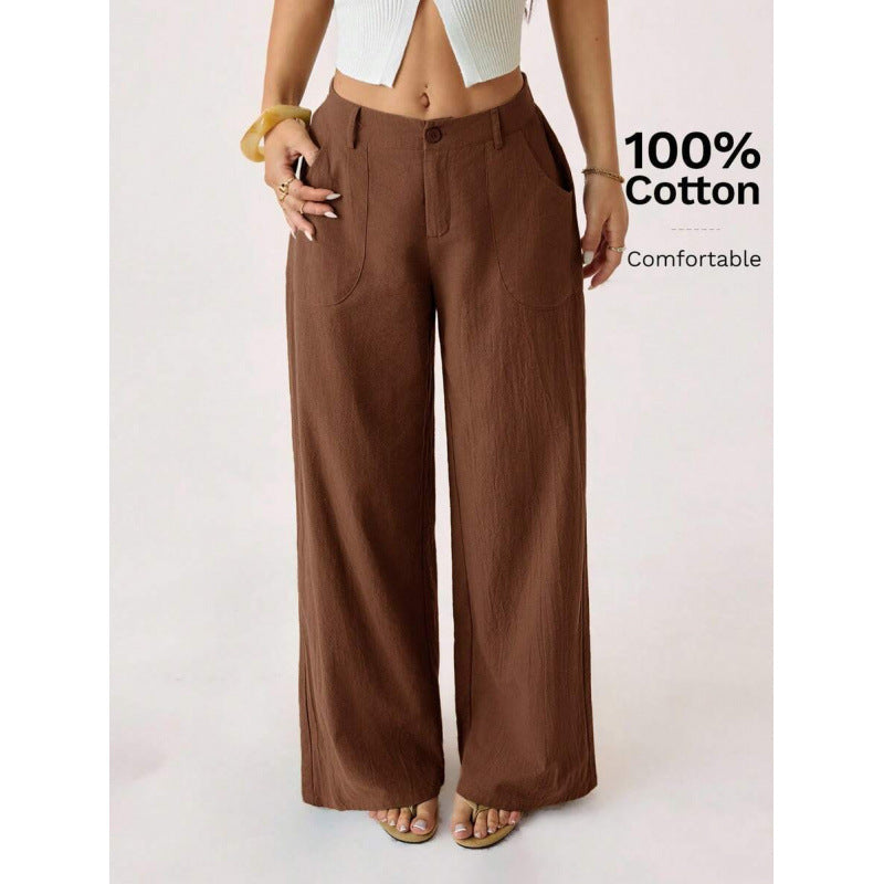Nuovi pantaloni ampi da donna in misto cotone-lino a vita media, casual, per il pendolarismo