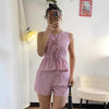 Womens Fashion Striped Short-Sleeve Bow-Knot Shorts Set