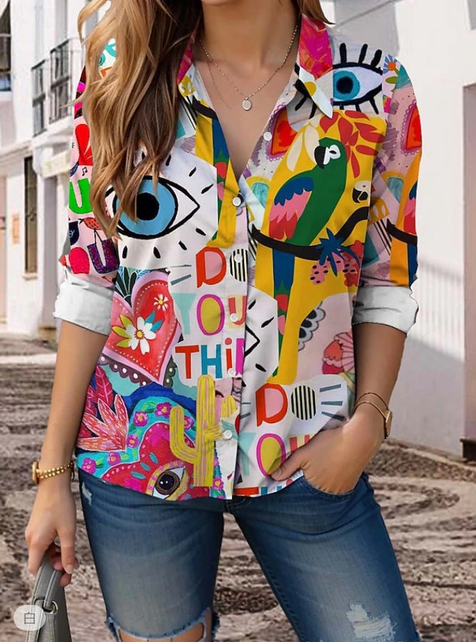 Camicia da donna a maniche lunghe stampata con risvolto