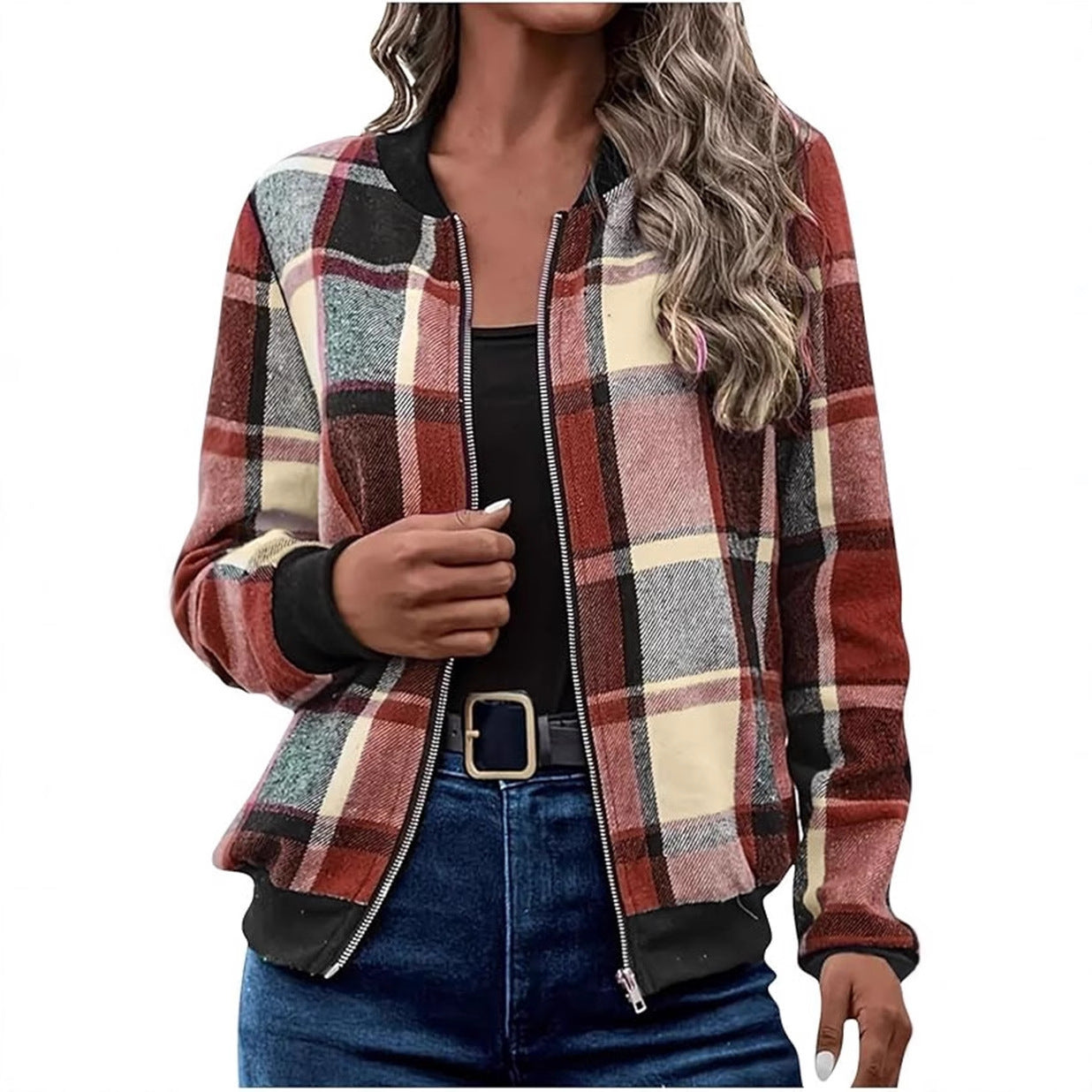 Temperament Commute Women's Plaid Zipper Baseball Uniform