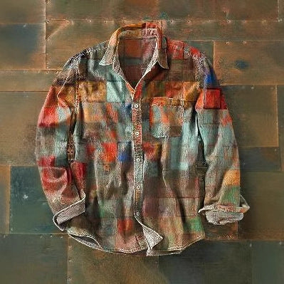 Retro Color Matching 3D Printed Men's Long Sleeve Button Shirt