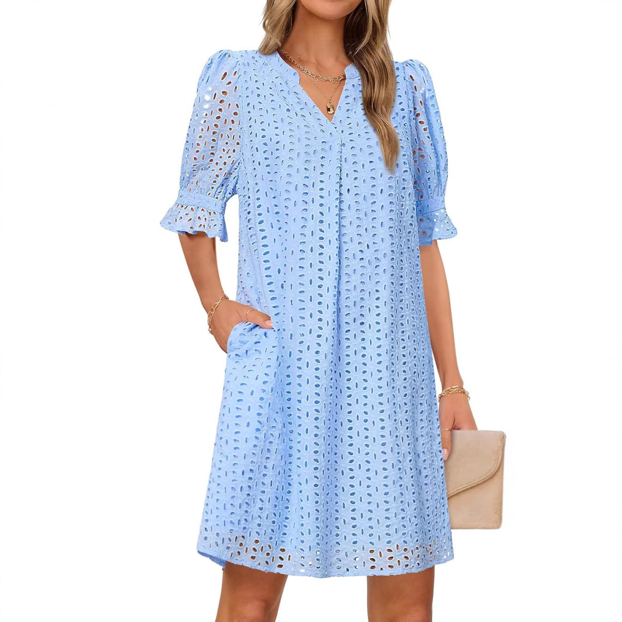 SpringSummer V Neck Pleated Collar Hollow Out Floral Lace Dress