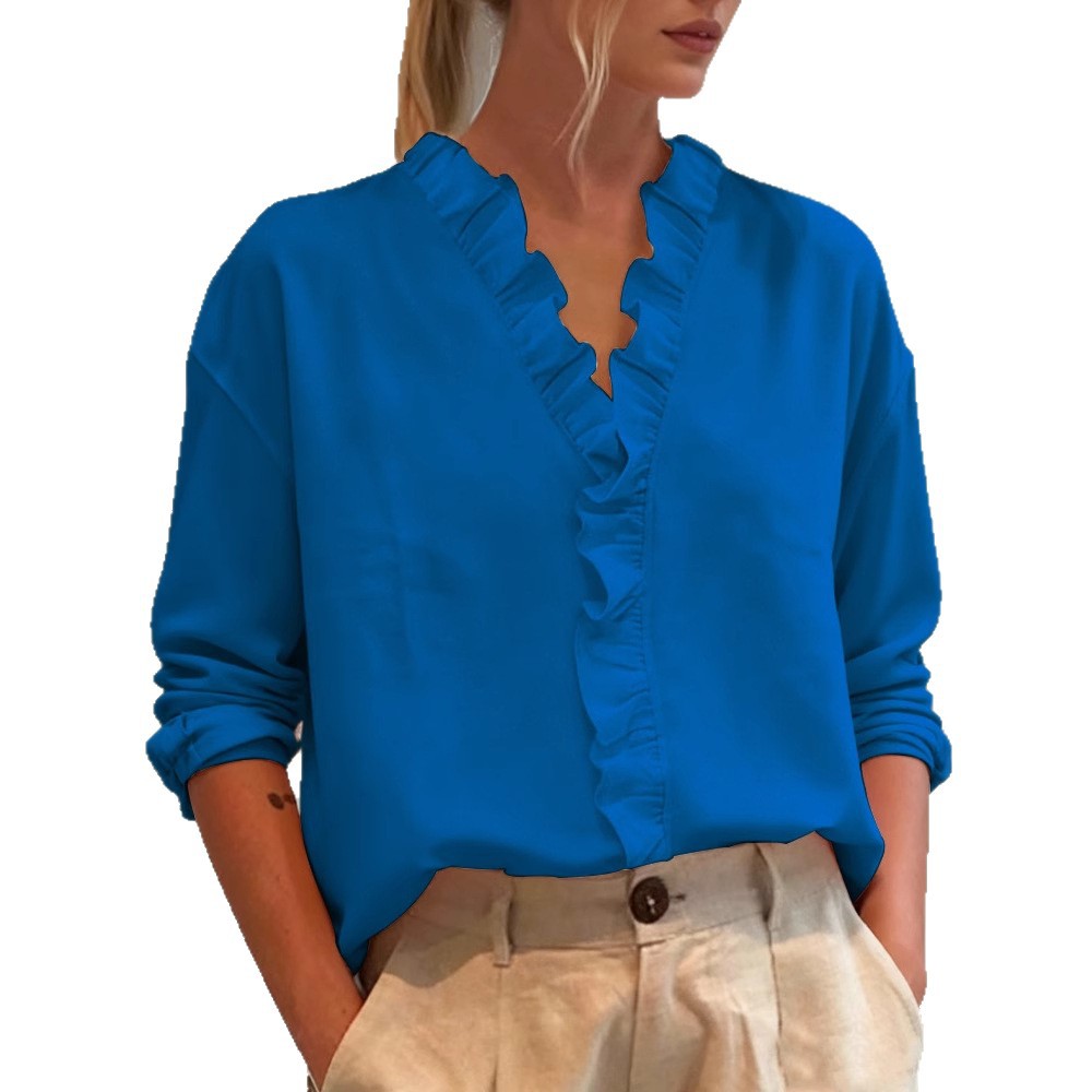 Camicetta da donna casual a maniche lunghe con scollo a V e bordo in pizzo