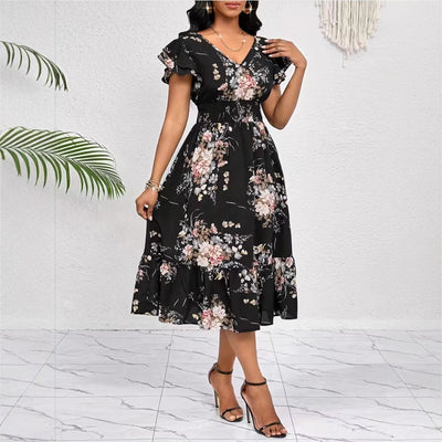 Spring Summer Ruffled-Edge Short-Sleeve Printed Dress With Elastic Waist