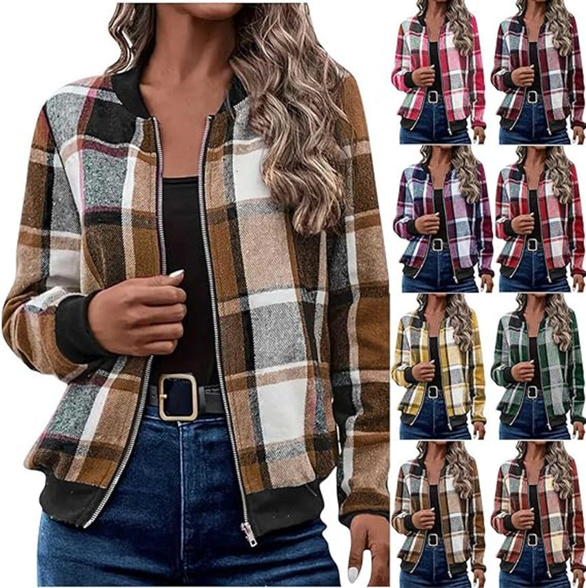 Temperament Commute Women's Plaid Zipper Baseball Uniform
