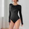 High-elastic Long-sleeve Solid-color 3D Floral Crewneck Jumpsuit