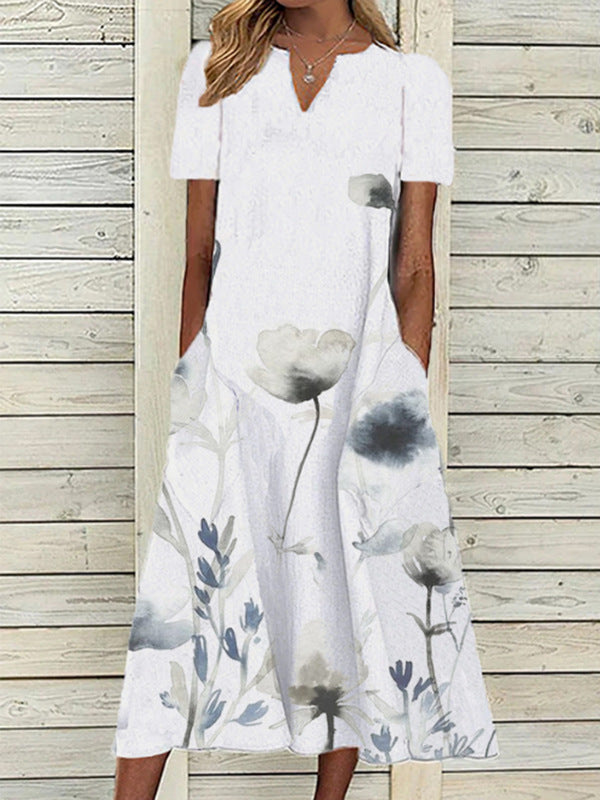 Women's Oil Painting Flower V-neck A- Line Dress