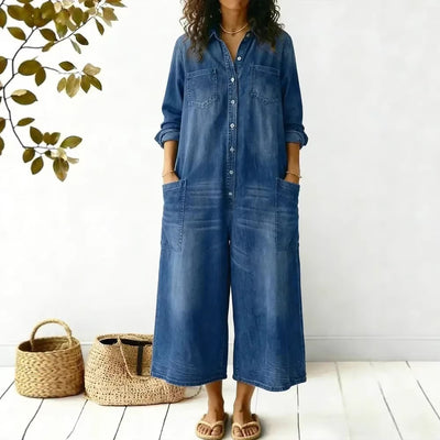 Womens Stylish Sexy Single-breasted Blouse-style Loose Jumpsuit