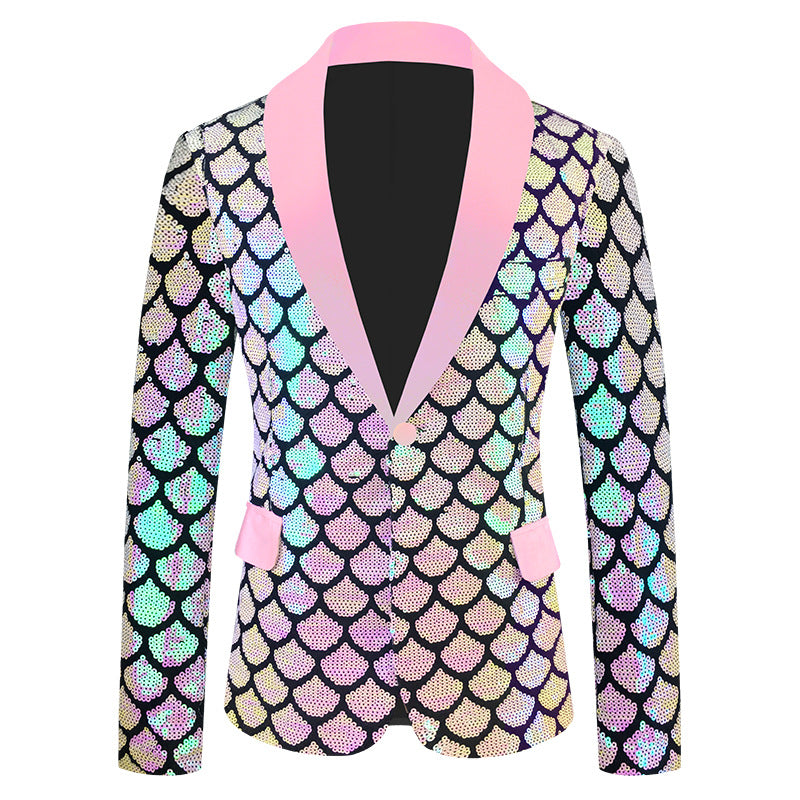 Costume maschile in velluto colorato con paillettes a squame reversibili