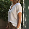 Top a maniche corte comodo ed elegante con scollo a V, abbinabile a tutto