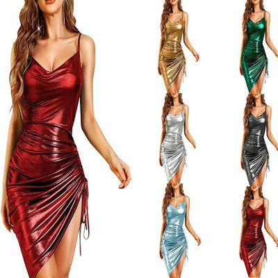 Womens Shiny Ruffled Bodycon Midi Dress