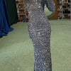 Vestito da sera lungo grigio con paillettes e maniche lunghe
