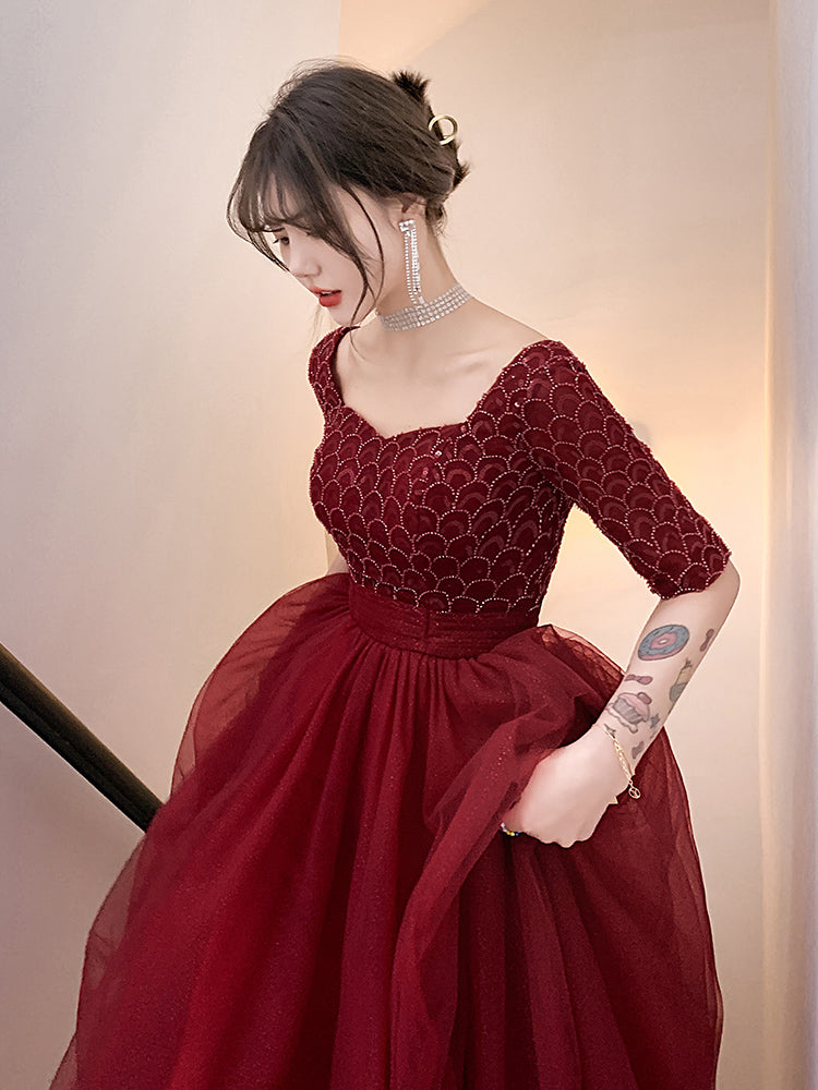 Vestito da sera bordeaux lungo da donna con maniche lunghe