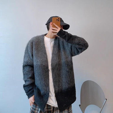 Retro Easy Matching Gradual Change From Black To Gray Brushed Cardigan Without Buckle