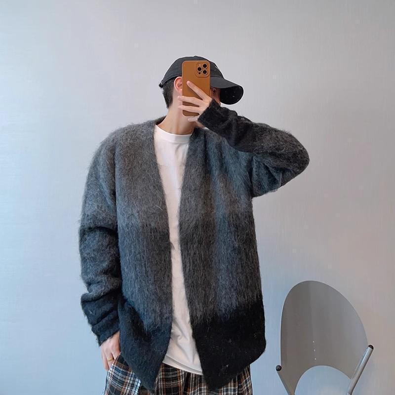 Retro Easy Matching Gradual Change From Black To Gray Brushed Cardigan Without Buckle