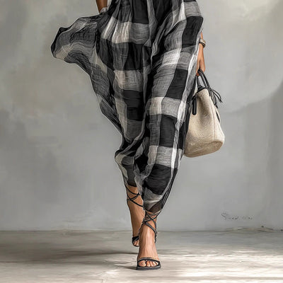 Retro Loose-fit Waist-cinched High-neck Plaid Dress With A Zipper