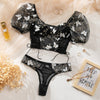 Lingerie sexy da donna, due pezzi, con gilet arricciato, maniche a palloncino, ricamo in rete e anello in acciaio