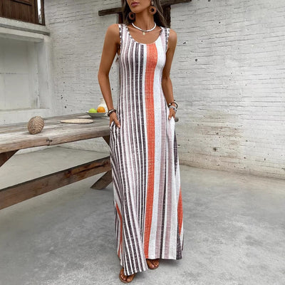 Womens European And American-style Striped Sleeveless Long Dress