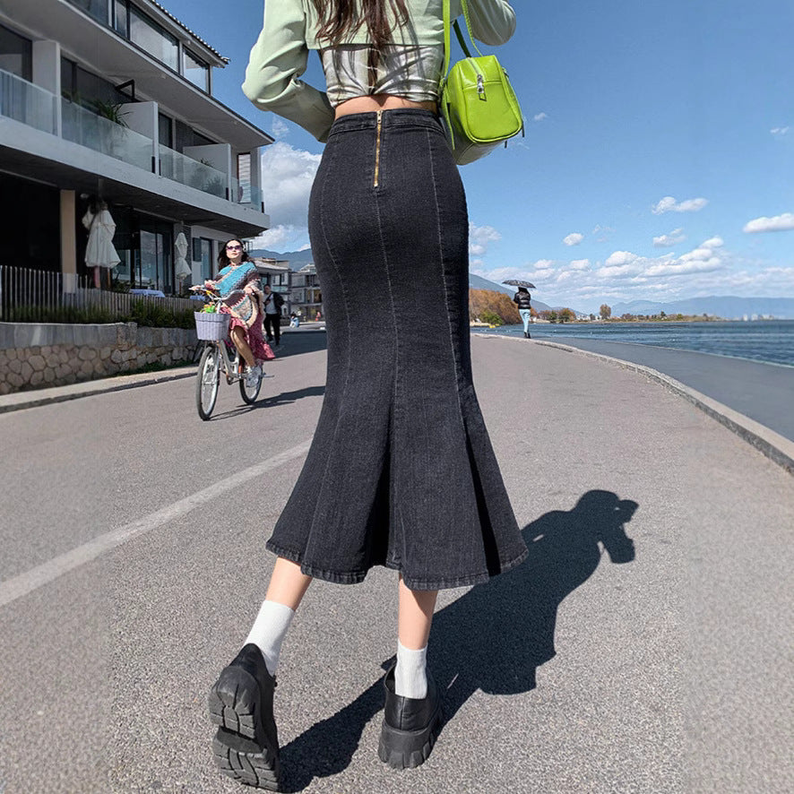 Short High-waisted Slit Mermaid Denim Skirt